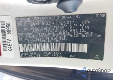 2008 Toyota Sienna Xle из США, поврежденный, VIN 5TDZK22C88S165503